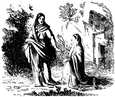 A woman
        kneeling before a person near a tomb