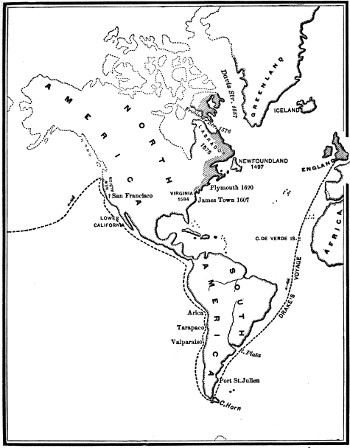 Showing the English discoveries in America in the 15th, 16th
and 17th centuries, with a part of Drake's voyage round the globe in
1577-1579.
