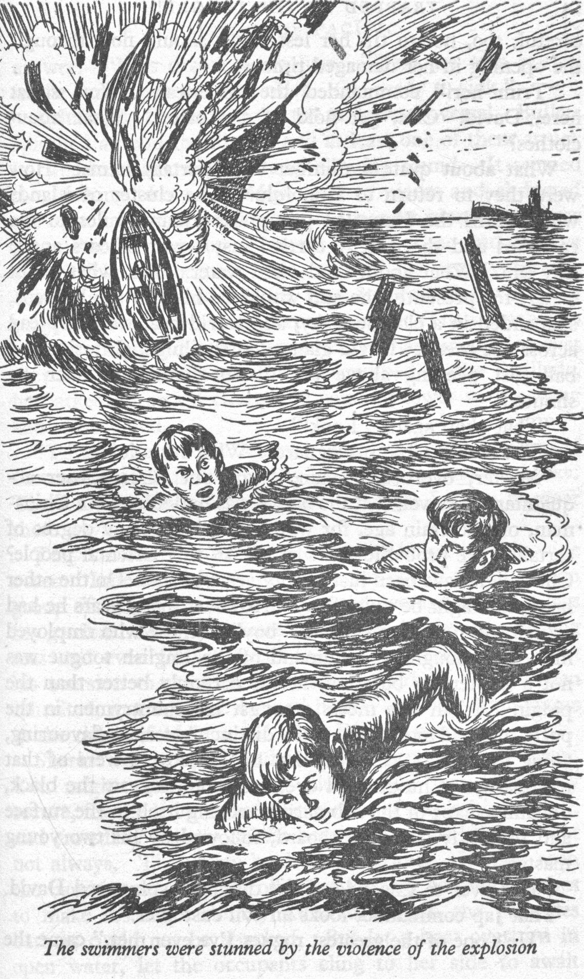 Survivors of the shipwreck swim away from the exploding ship
