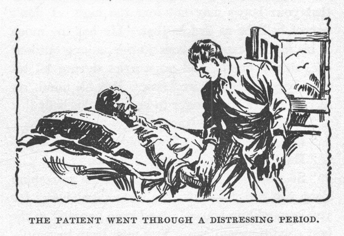 An ailing man lies in bed watched by another man