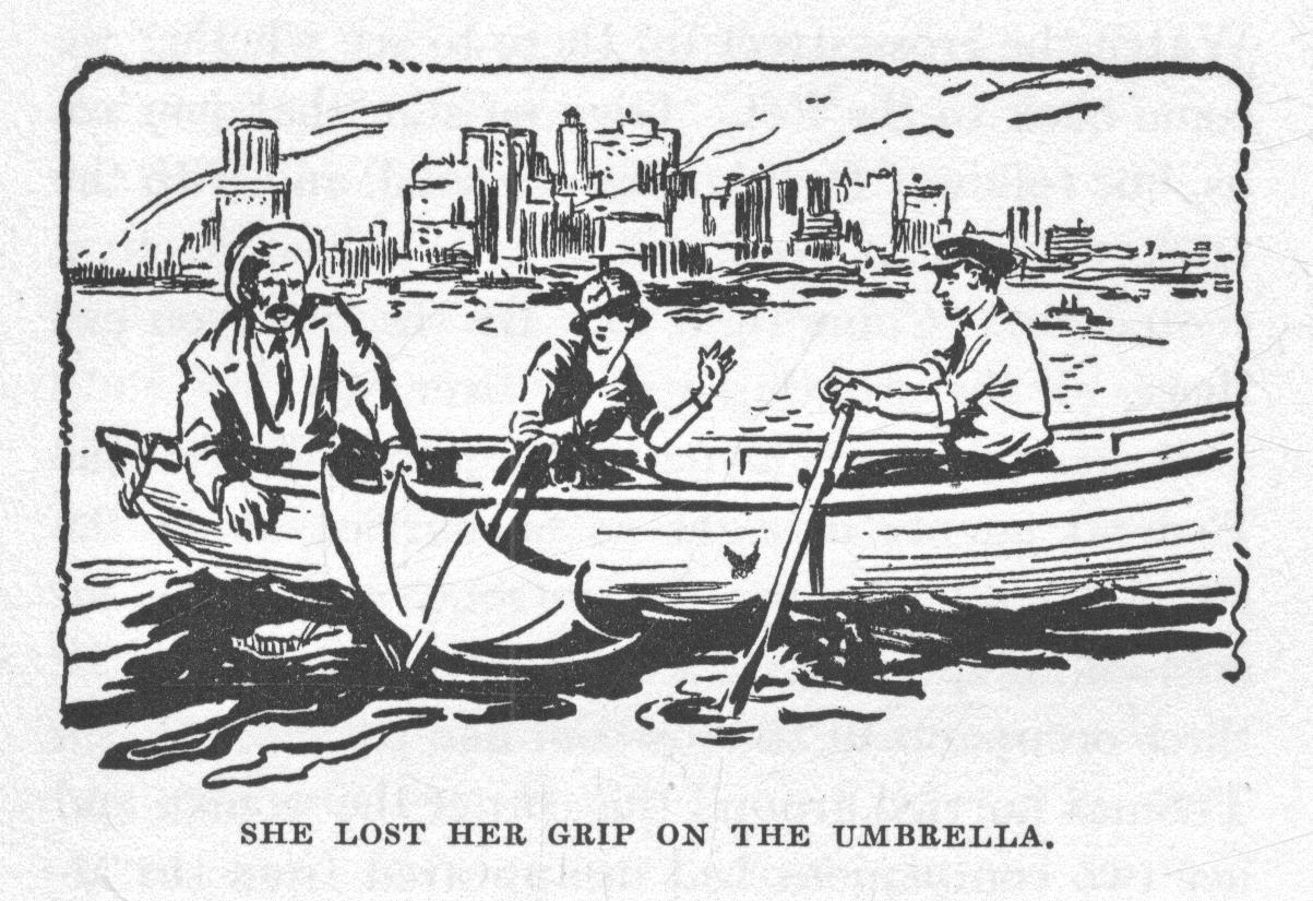 A women loses an umbrella over the side of a boat as two men look on