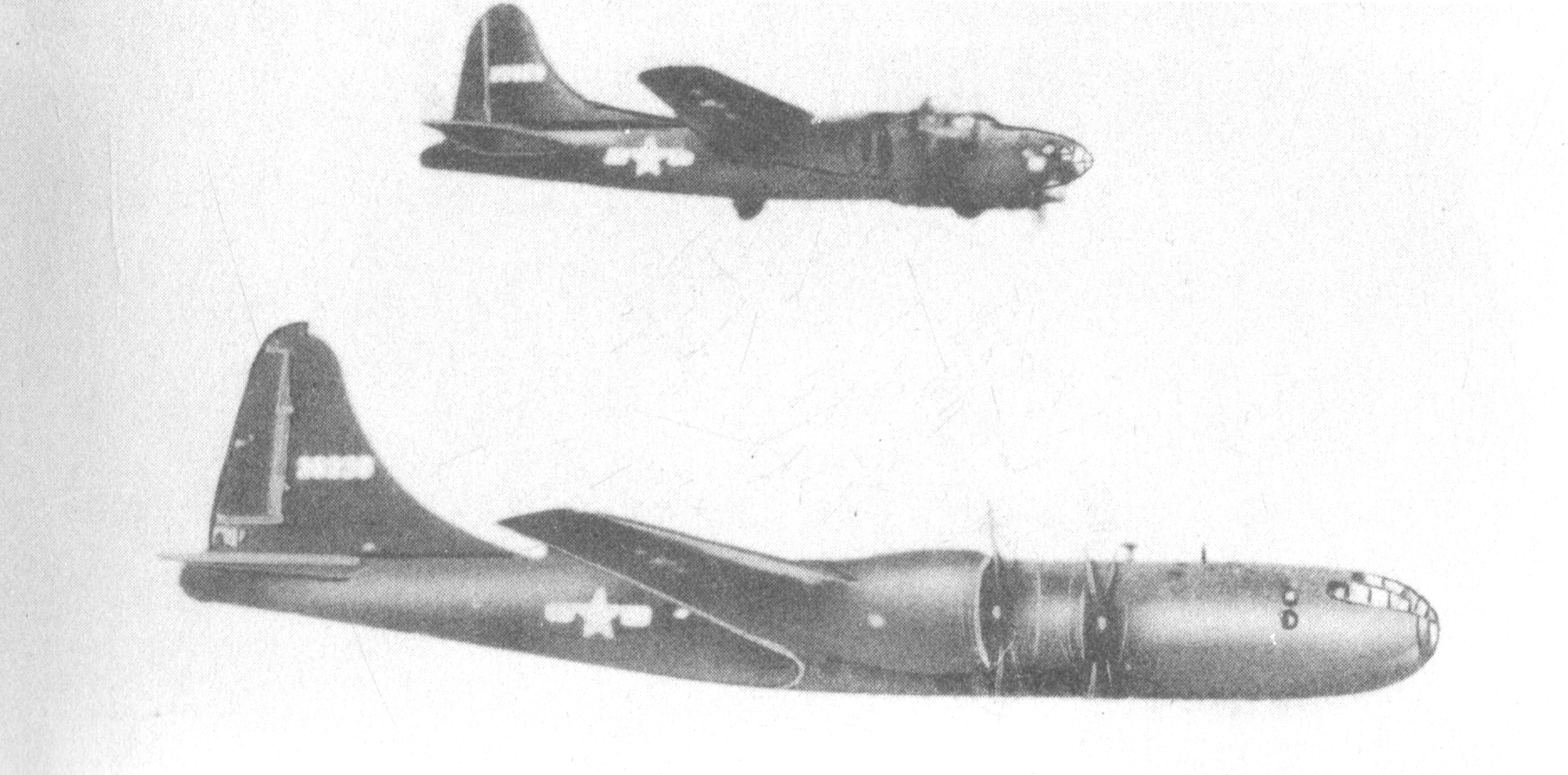 A B-17 Flying Fortress and a B-29 Superfortress flying in formation.