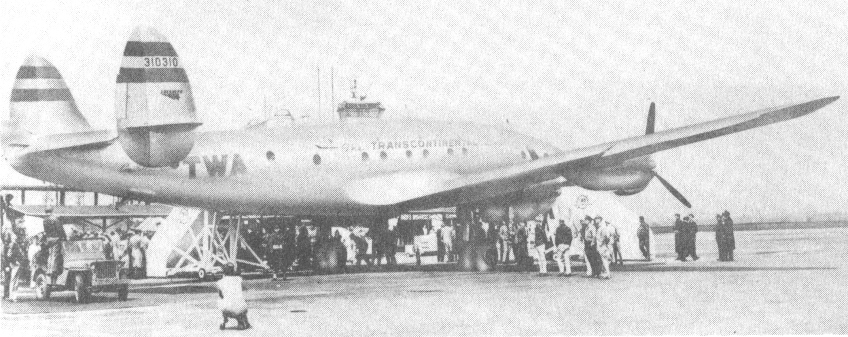 A Lockheed Constellation, with 62 passenger capacity shows progress in air travel 25 years later.