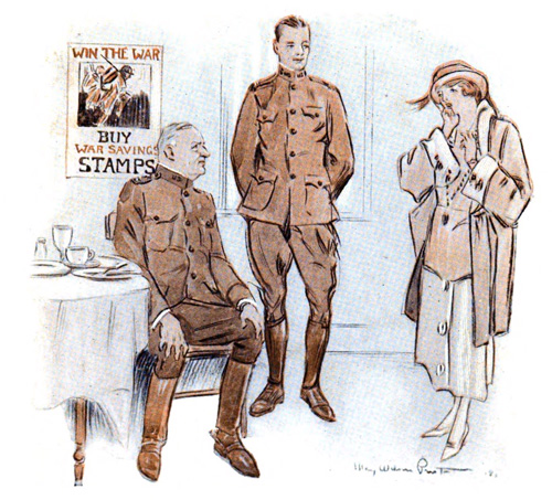Two men in uniform talks to a woman in a cafe