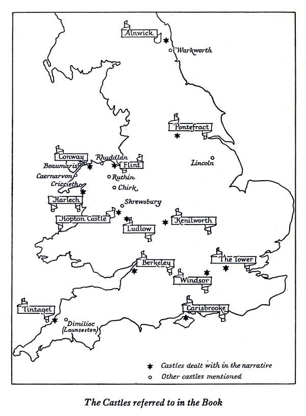 Line drawing map of England with castles marked