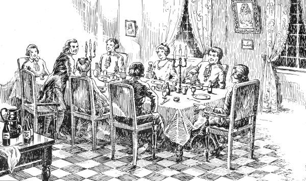 Eight men and women at candlelit dining table