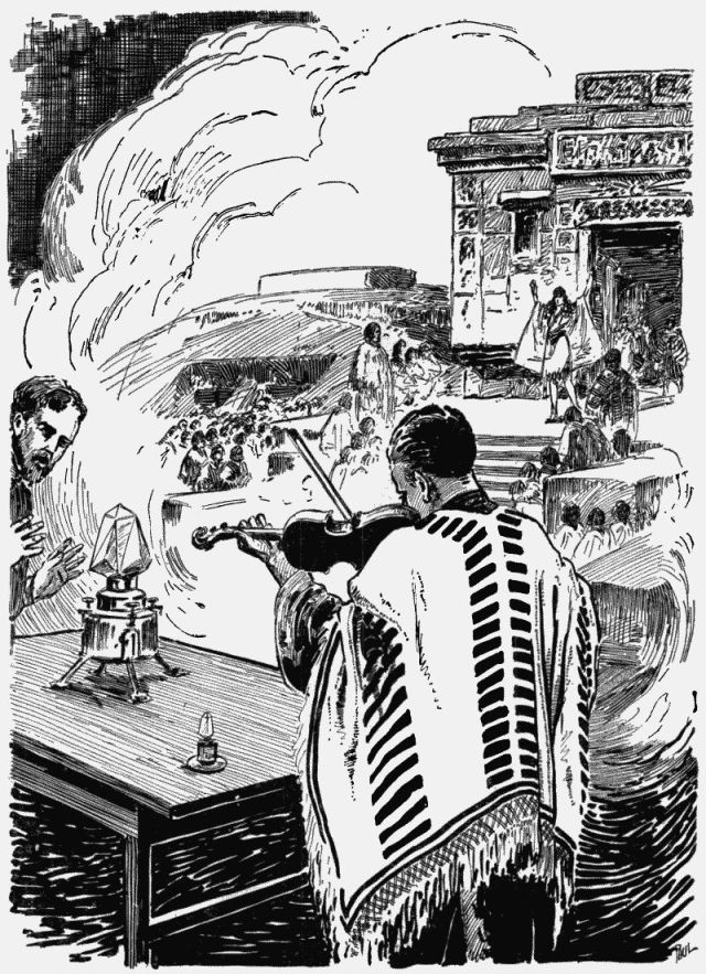 man gazes into prism while another man in poncho plays violin. people are leaving a building that appears to be a temple.