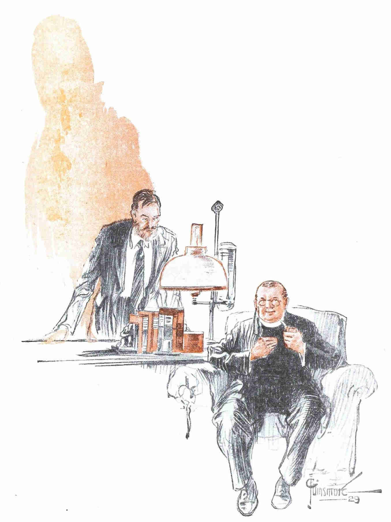 Reverend person sits in armchair while man stands beside him at desk.
