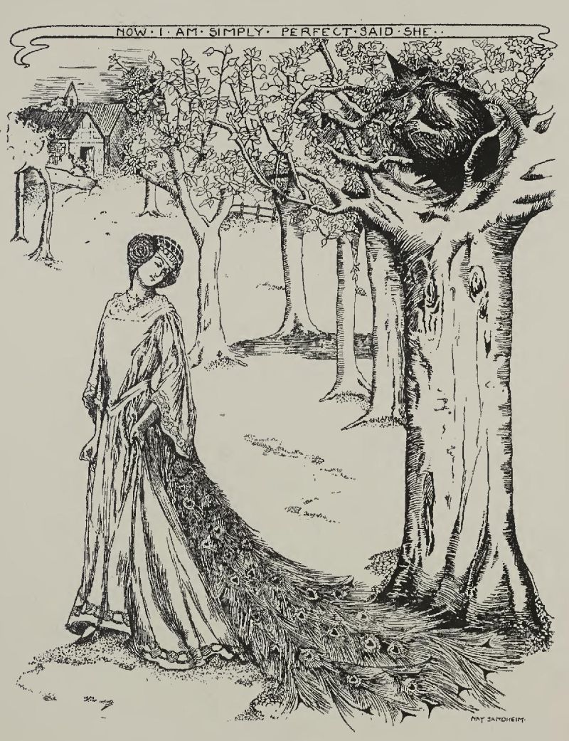 woman wearing a dress with a peacock feather train walking under a tree