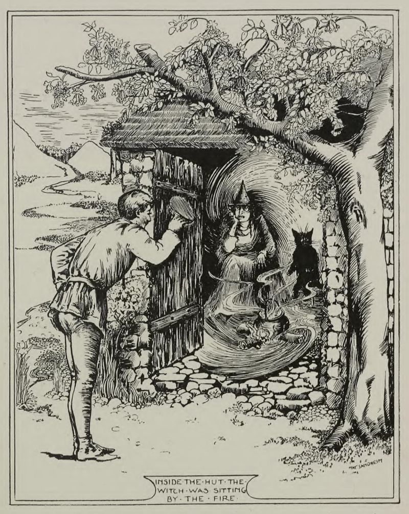 man bowing to a witch inside a hut