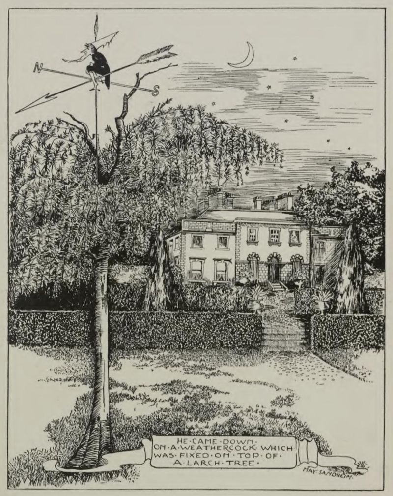 a weathercook in the top of a tree next to a building