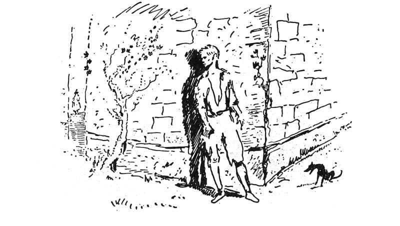 boy looking around the corner of a wall with a dog behind him scratching