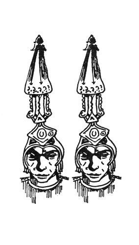 two helmeted men with pointed helmets