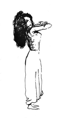 side view of a girl with long hair in baggy pants leaning back