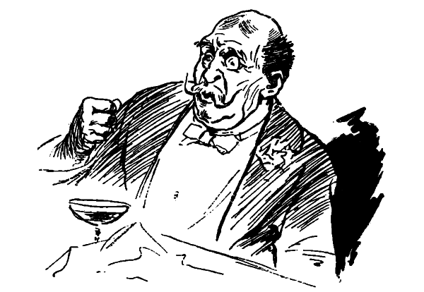 The Colonel, bald, moustached with a monacle holding a cocktail glass