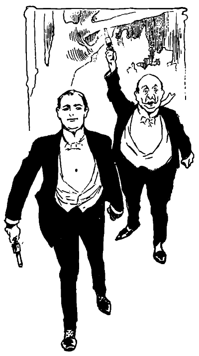 The Colonel and Woodcock in tuxedos brandishing pistols