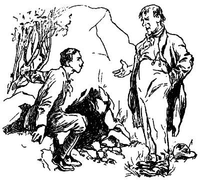 The tramp talking to Hardwicke in front of the fox den