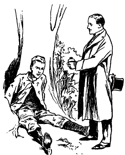 warder in prison clothes sitting dazed against a tree with Woodcock suited and offering him a drink