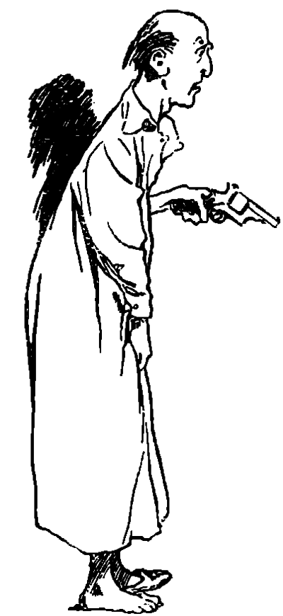 a barefoot butler in nightclothes holding a pistol