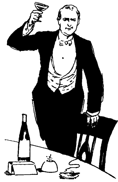 Woodcock in tuxedo standing at a table with arm raised toasting his glass