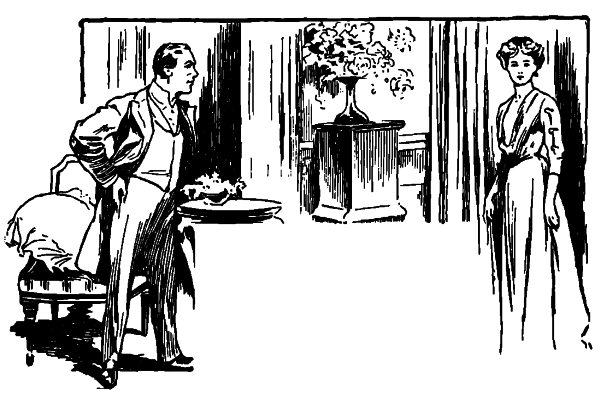 Woodcock as Mr. Armstrong in drawing-room standing before Valentine