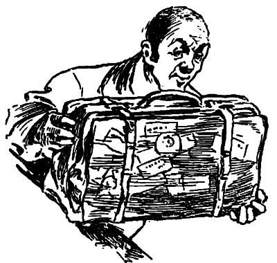 man carrying a portmanteau covered with labels