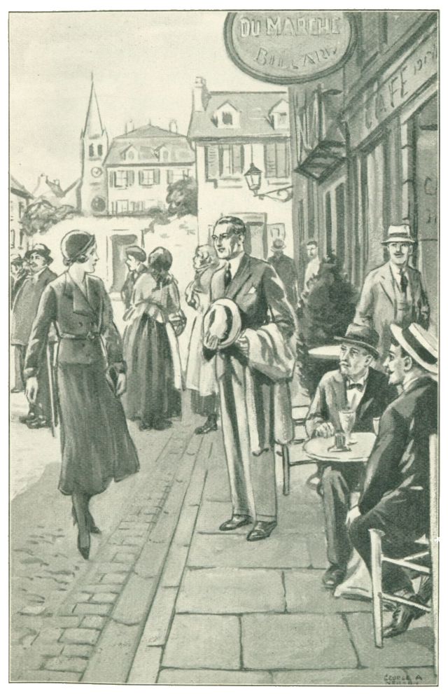 Man stands on widewalk with hat in hand, jacket over arm, looking at a woman in a smart dress in front of him.