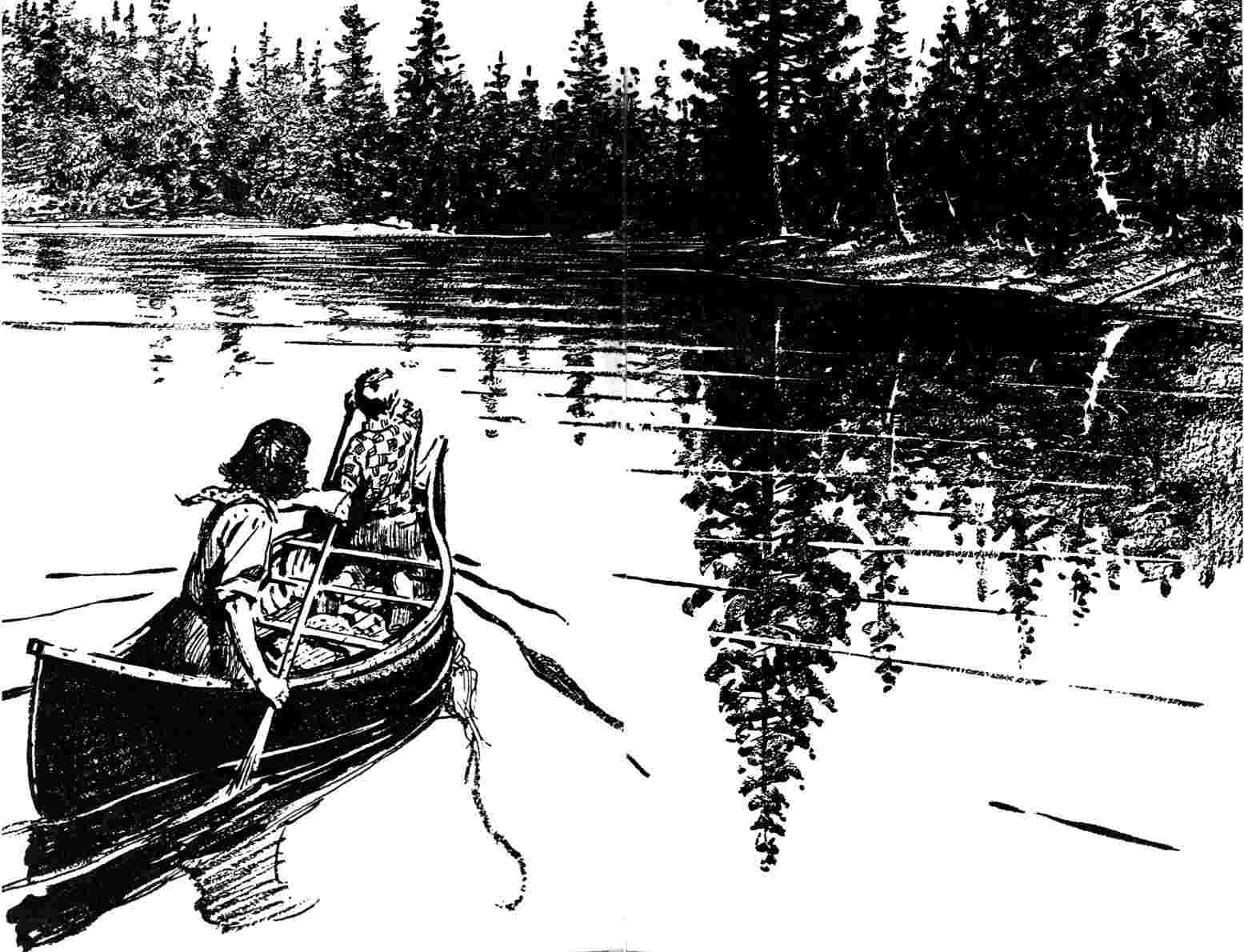 Two children canoe across lake