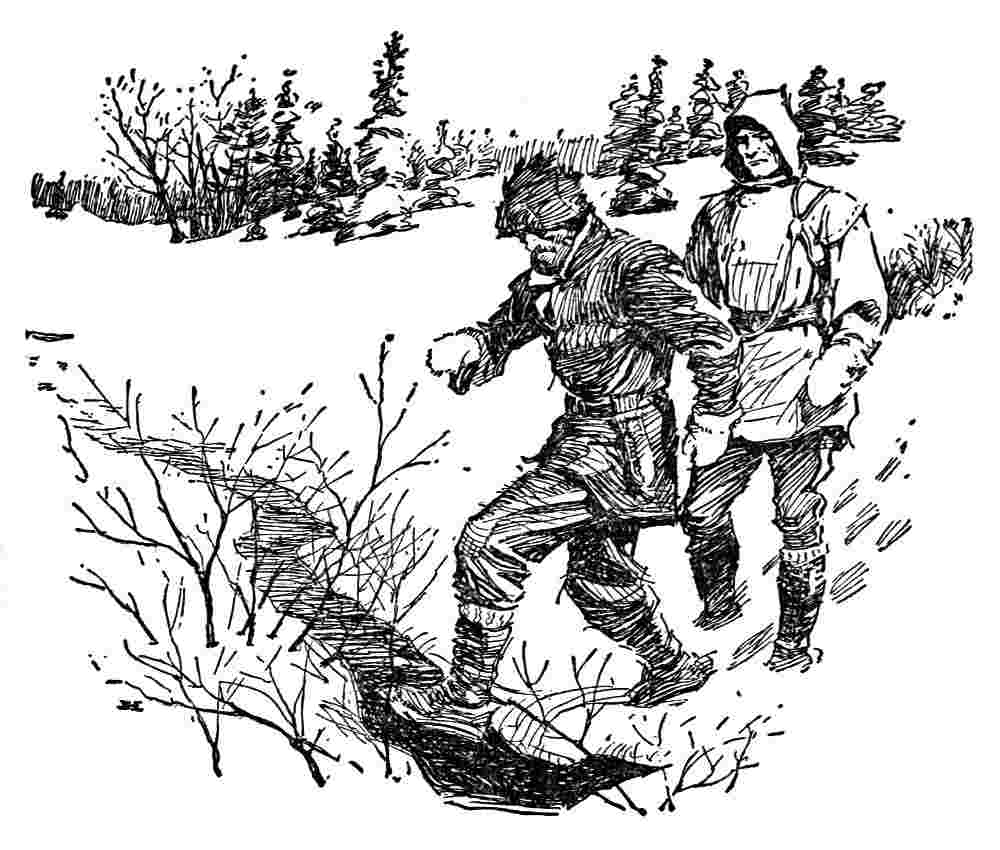 Two men crossing a stream