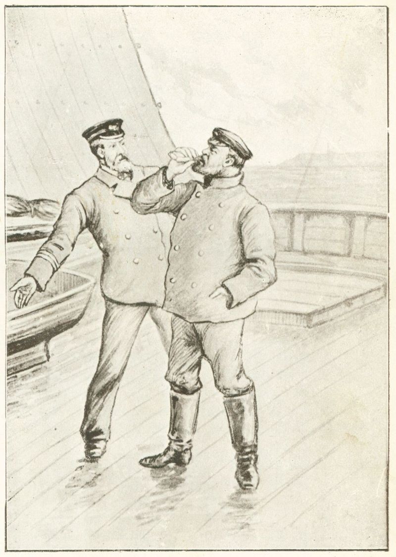 Man standing next to the captain is raising a flask to his mouth.