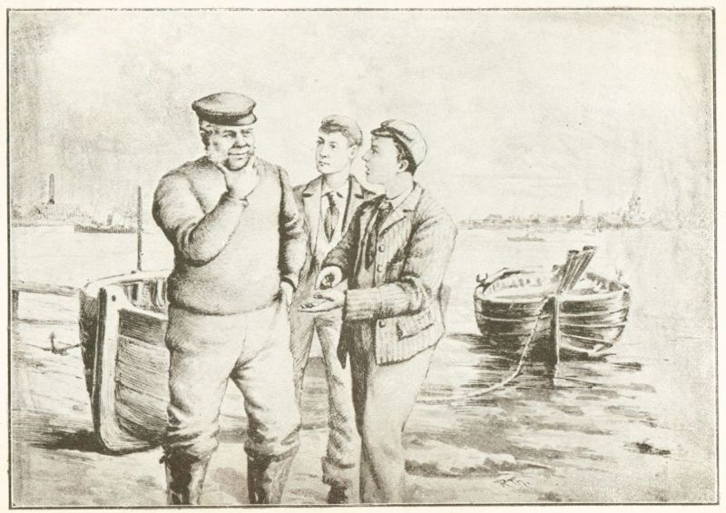 a man and two boys standing next to a boat and talking.