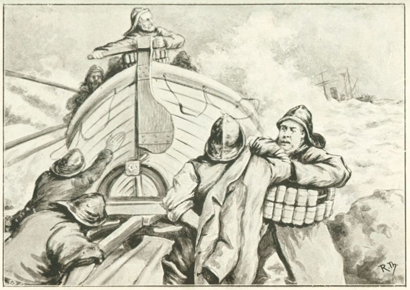 a group of men launching a lifeboat into the sea.