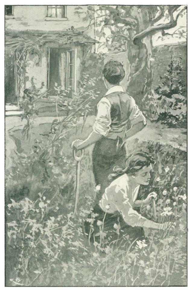 boy and girl in a garden. boy is looking back at the house.