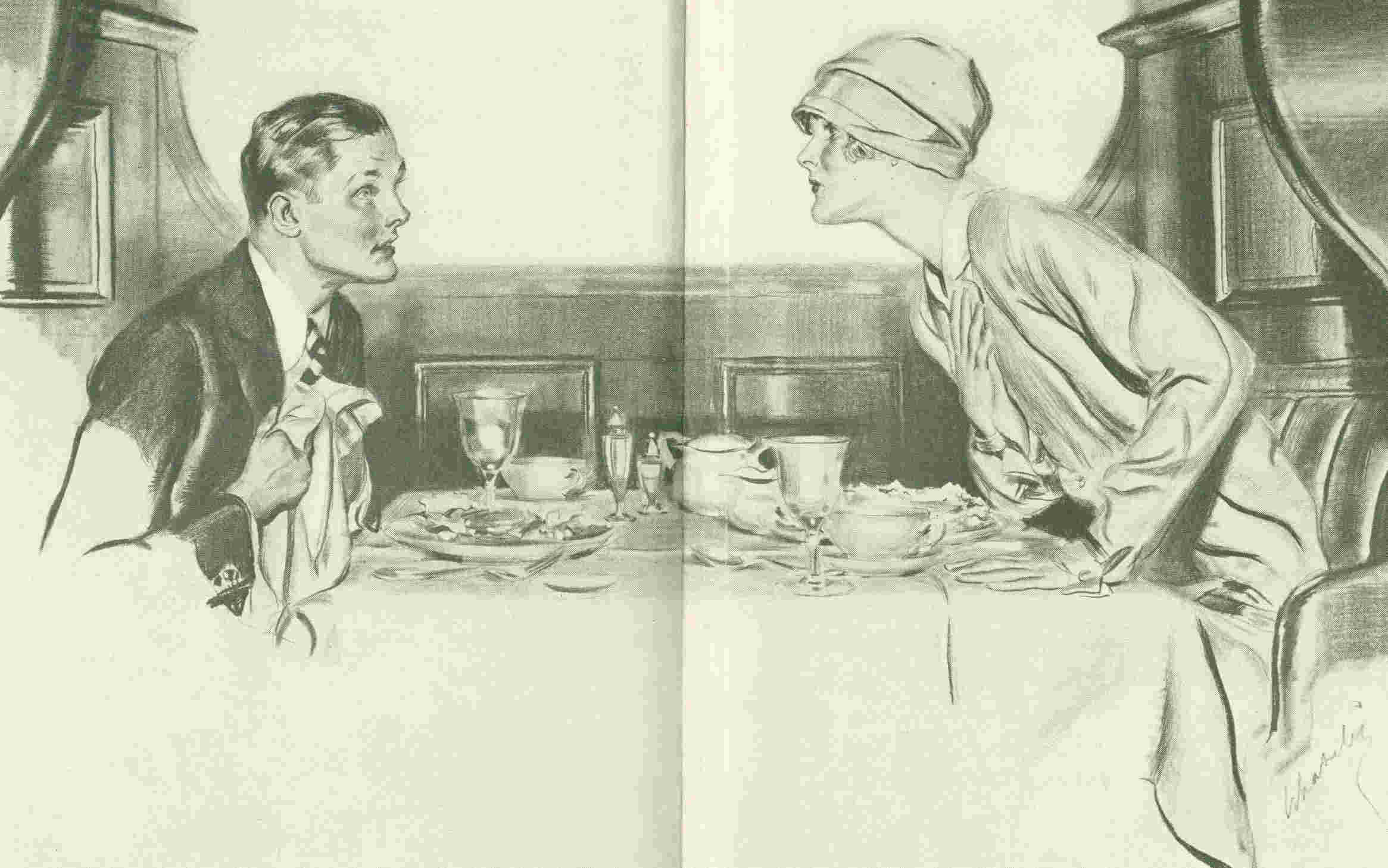 Man and woman talk in restaurant