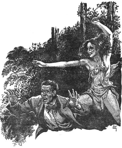 A semi-naked woman attacks a man.