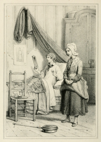 boy in bed looking at himself in hand mirror with standing woman looking at mirror