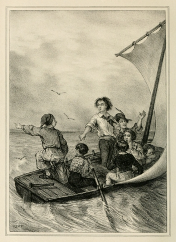 boat with tillerman pointing left to boy standing in boat with 5 other people sitting in boat