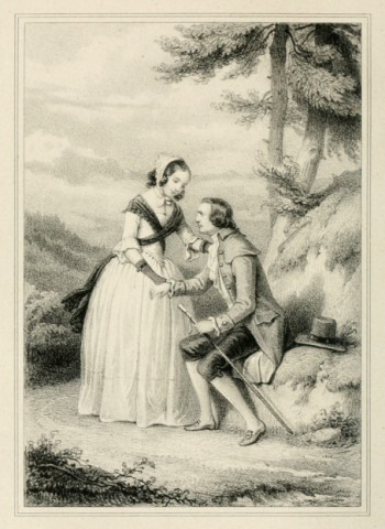 woman standing over a seated man with a cane, she holding his hand and shoulder with tree in background