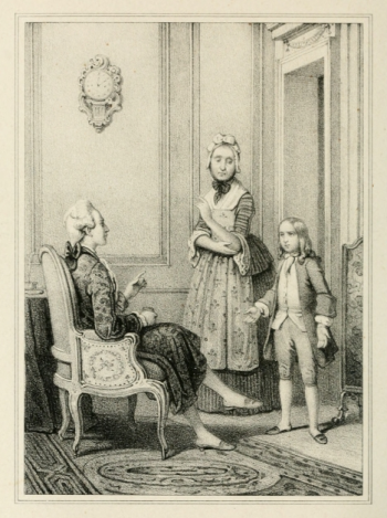 boy standing with mother facing seated father