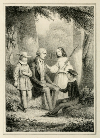 man sitting on a tree stump with three children around him