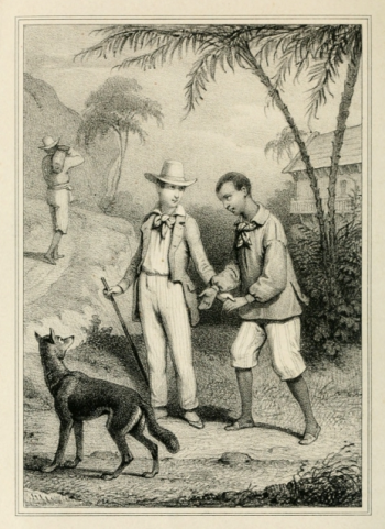 man with hat holding hand of man with dog looking at both