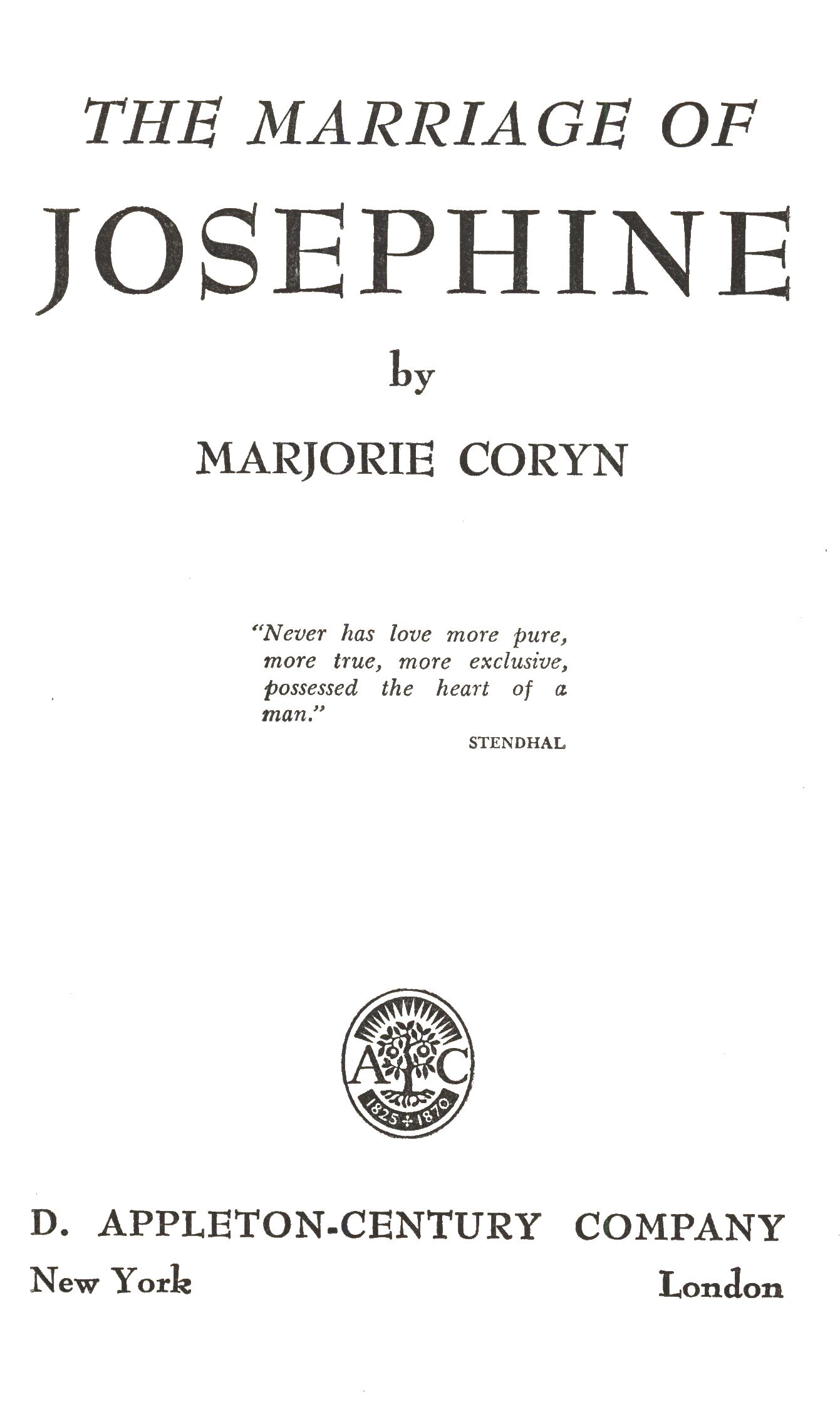 title page of The Marriage of Josephine by Marjorie Coryn