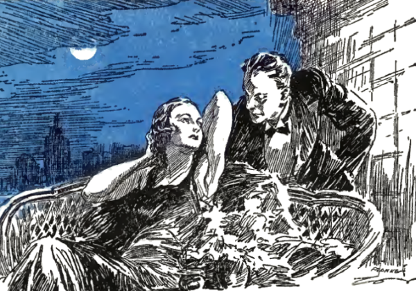 man in tuxedo leaning over woman sitting on city balcony in evening gown at night