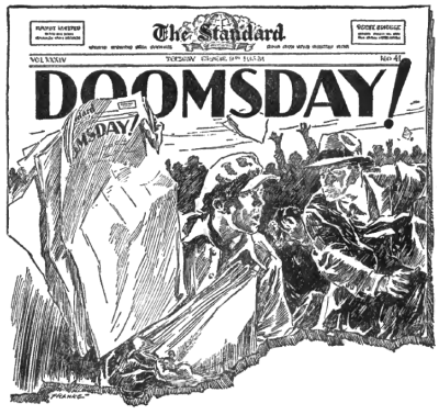 newsboy holding up newspaper headline "Doomsday!"