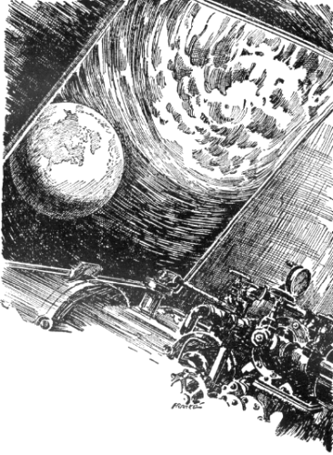 fiery ball approaching Earth as seen through the space ship window