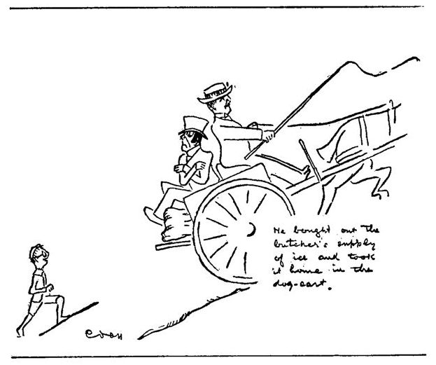 &quot;He bought out the butcher’s supply of ice and took it home in the dog-cart.&quot; Two men riding in a horse-drawn cart.