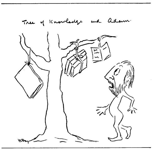 &quot;Tree of Knowledge and Adam.&quot; A naked man looks at a tree from which books hang.