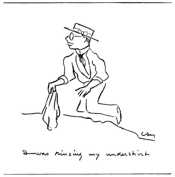 &quot;I was rinsing my undershirt.&quot; A man in a suit and straw boater washes a cloth in the water.