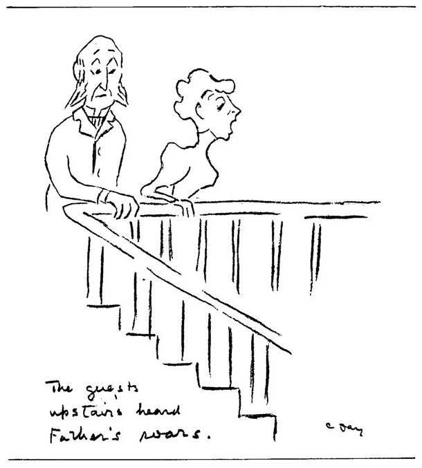 &quot;The guests upstairs heard Father’s roars.&quot; A man and woman look over a bannister.