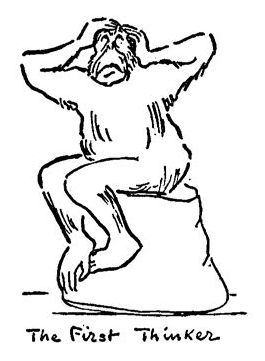 &quot;The First Thinker.&quot; An ape sitting on a stone, holding its head. A parody of Rodin’s The Thinker.